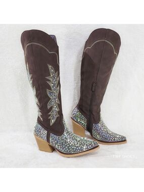 NIB Annie Brown Leatherette Rhinestones Country Glam Western Cowgirl Knee Boots